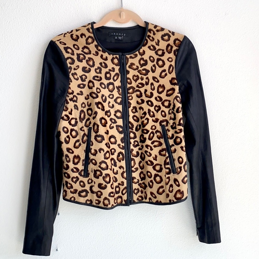 Theory Chetah Print Leather and Fur Jacket